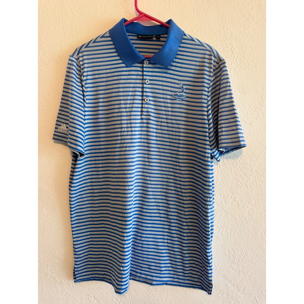 Adidas Pinehurst 1895 Mens Golf Polo Shirt Blue Striped Putter Boy Logo Large